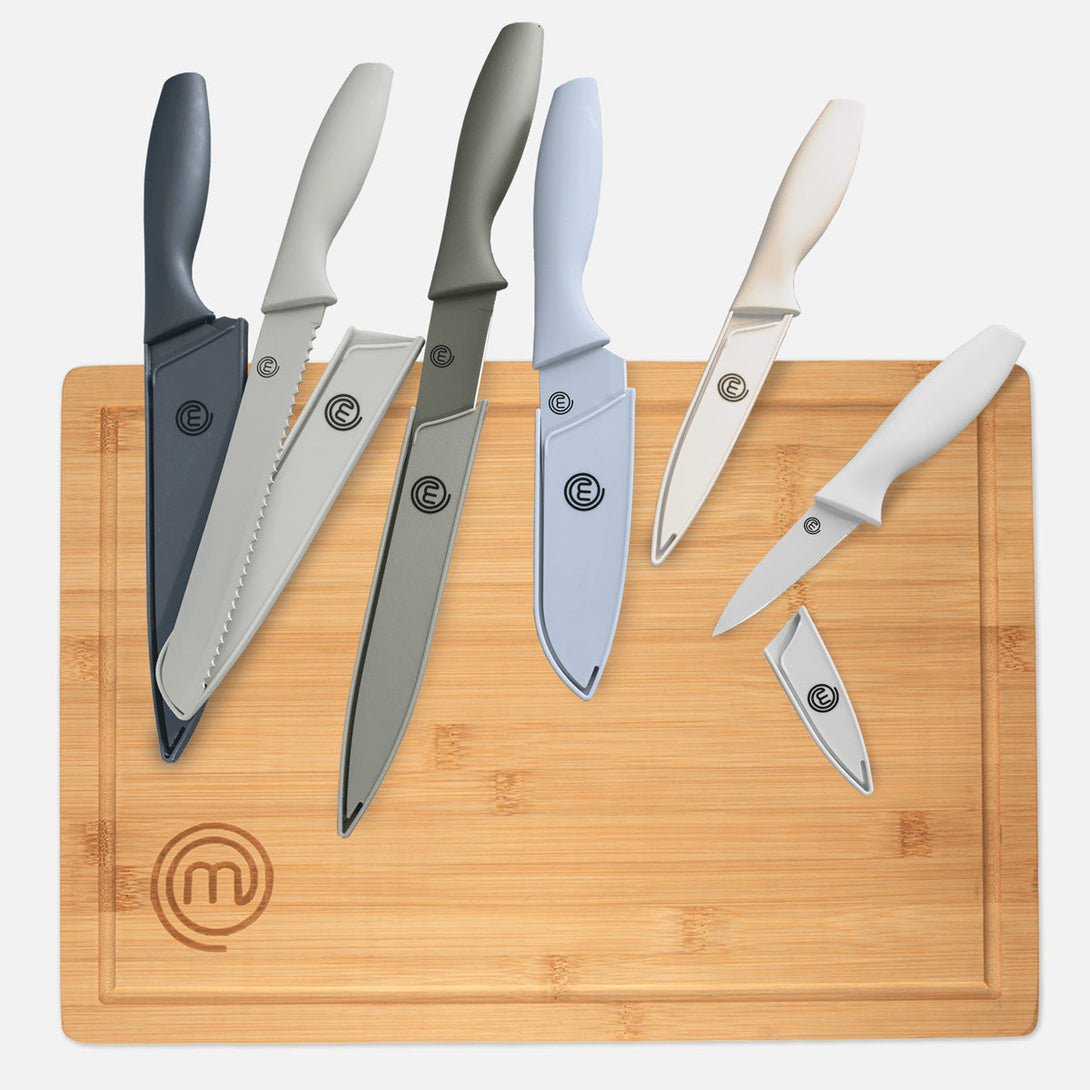 US MASTERCHEF KNIFE & BOARD SET 7PCS EARTH TONES KITCHENWARE